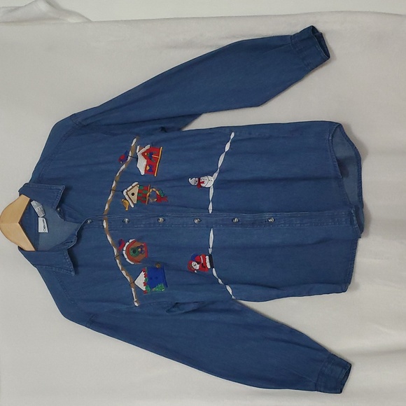 Vintage Cherokee Button Down Embroidery Denim Shirt Size Medium - Picture 1 of 7